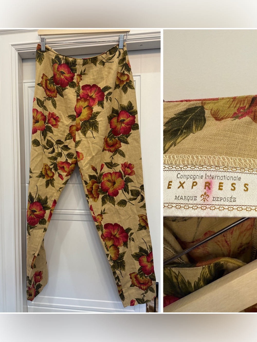 Vintage Express Worldwide hibiscus print linen skinny pants 11/12 pinup tropical